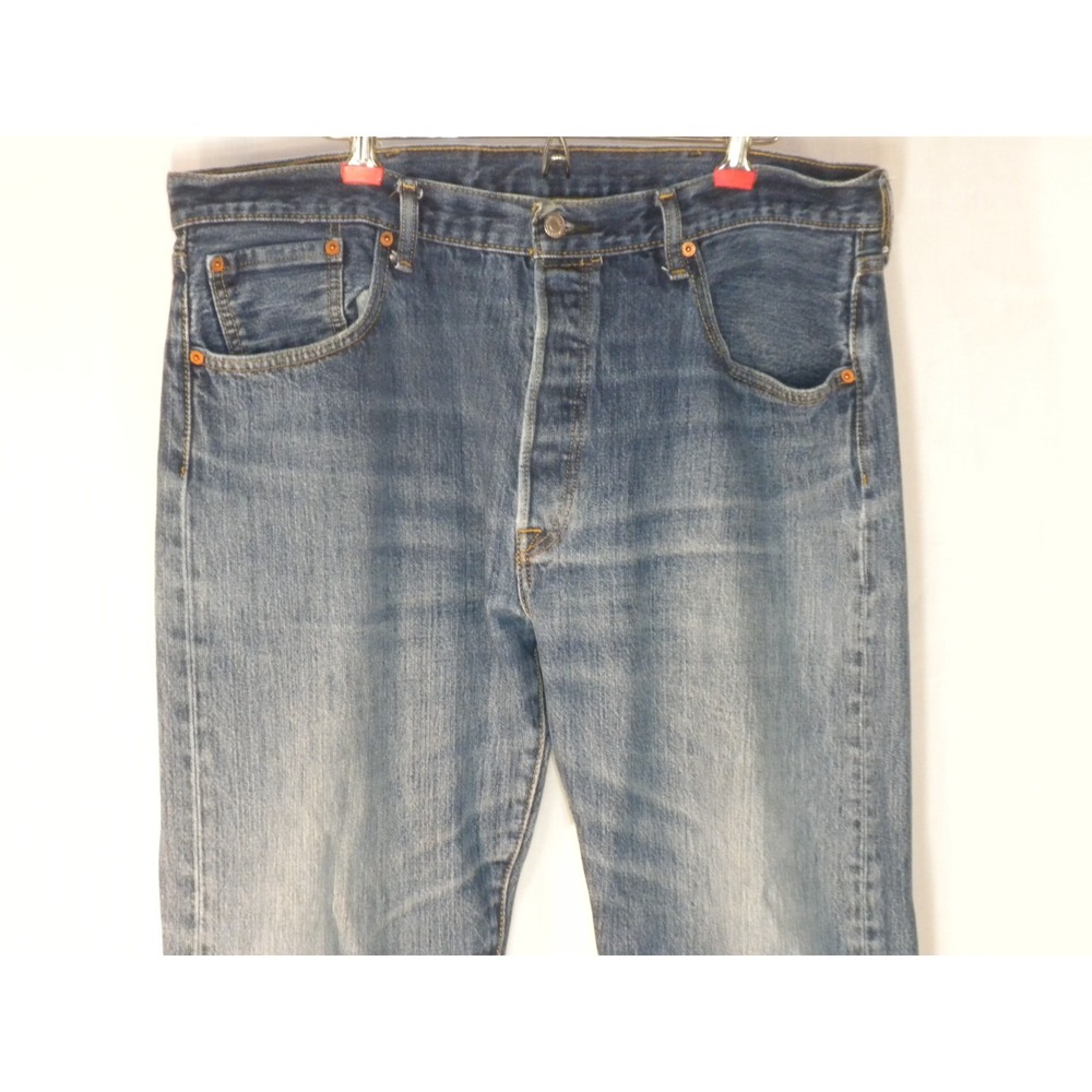 Levi's 501 Jeans Mens 38x32 Blue Denim Button‎ Fly Straight Whiskered Heel Drag - Picture 3 of 14